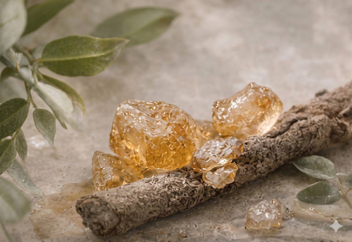 Clear crystals on a branch with green leaves in the background